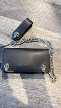 Wallet - Men's Skull Snap Bi-Fold Black Leather with 12" Security Chain