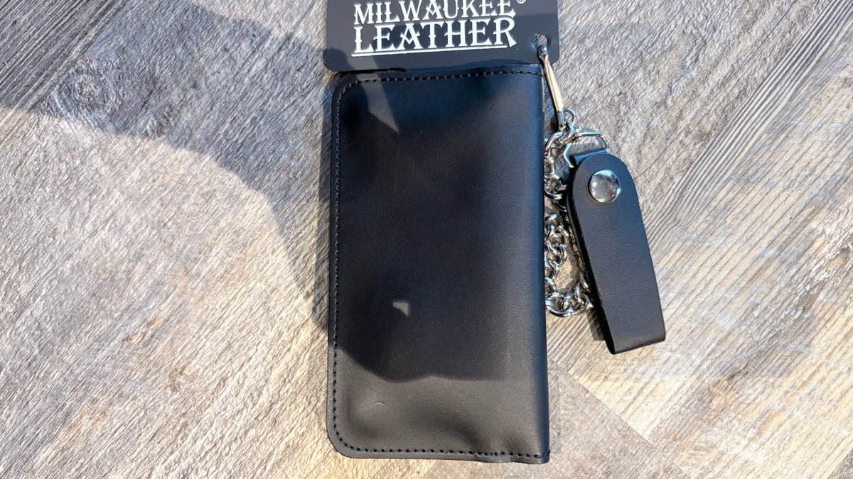 Wallet - Men's Black Naked Leather Tri-Fold/Chain 12"